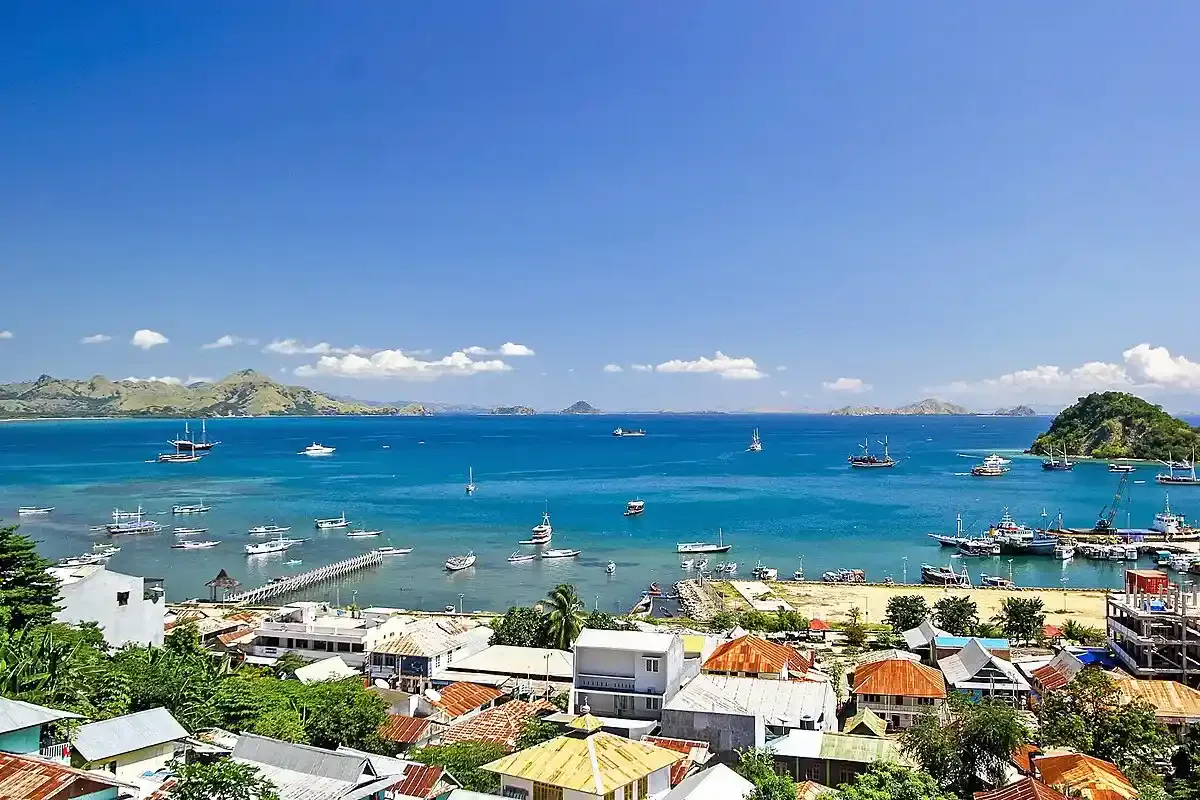 Labuan Bajo harbour and the town behind it