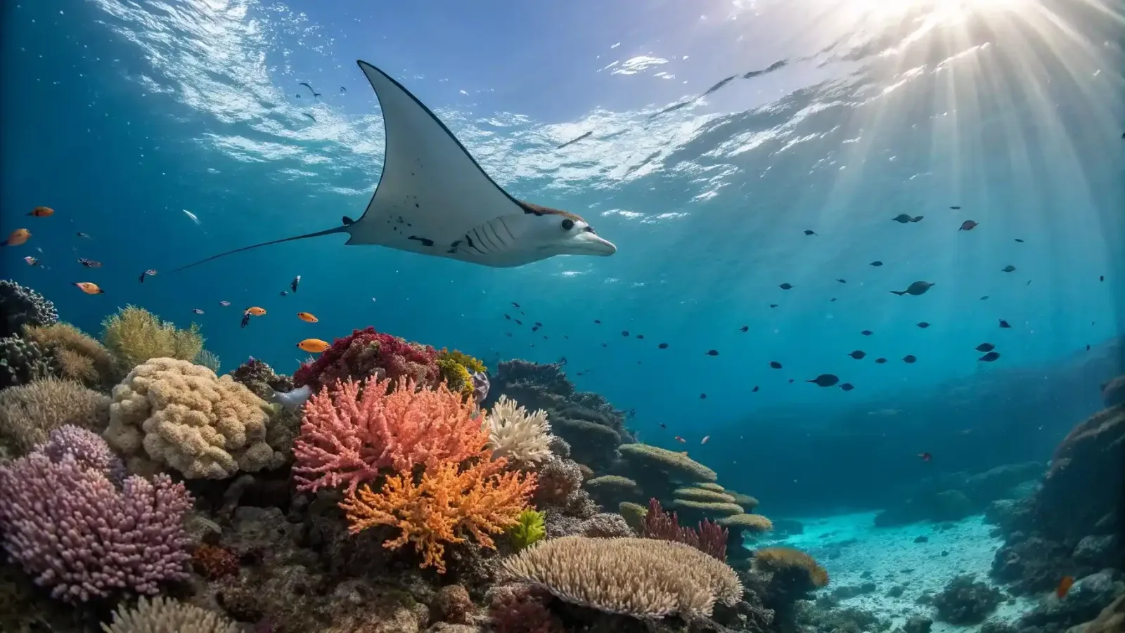 A manta ray passing over coral