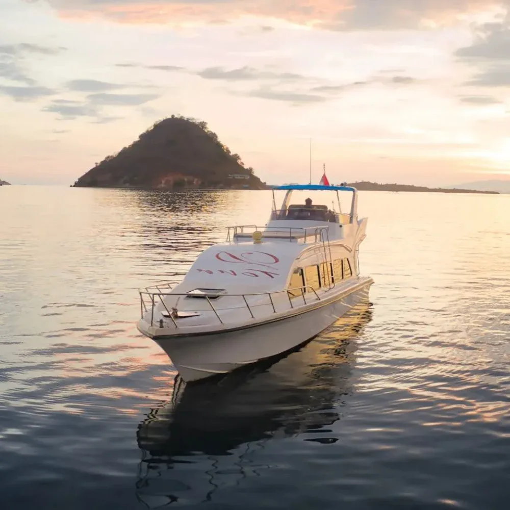 A motor yacht on a glassy sea