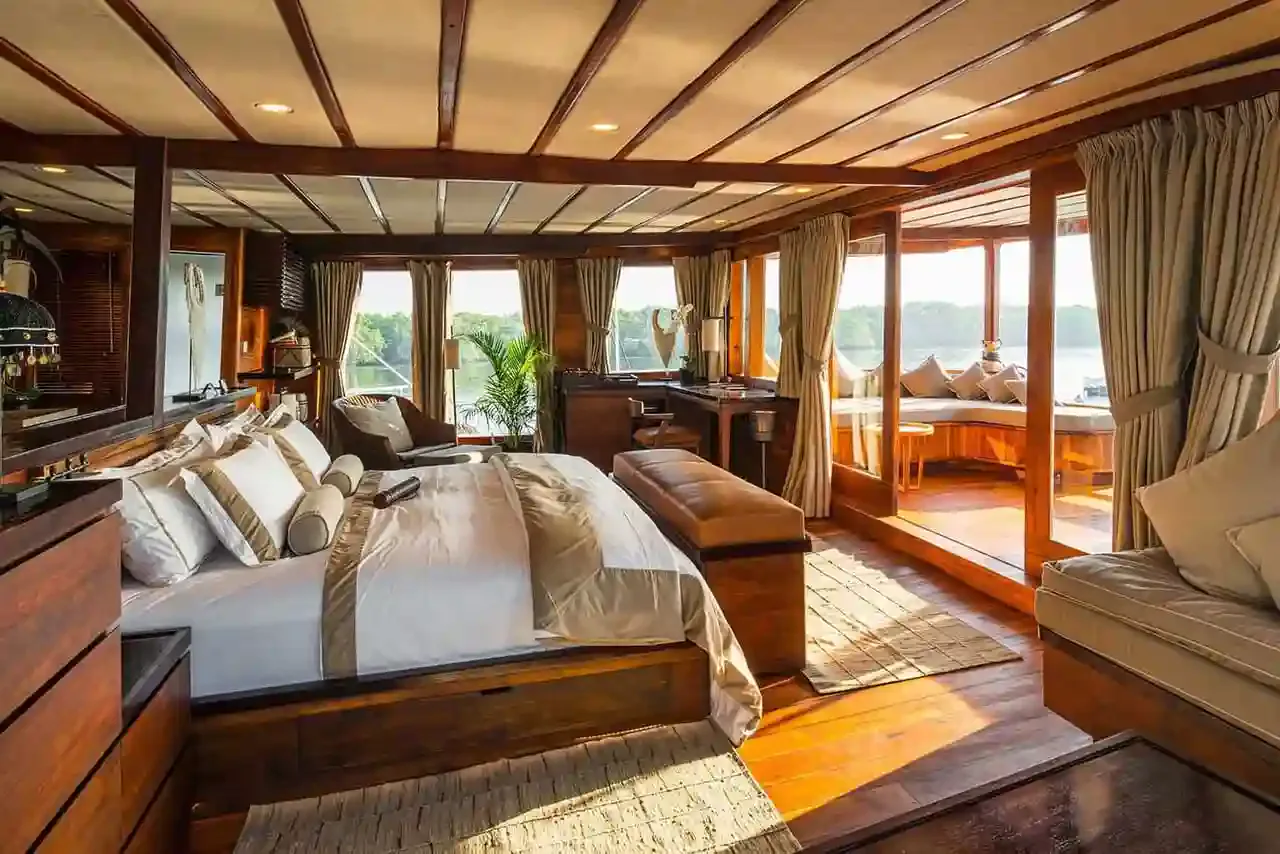 A timber-lined suite aboard a phinisi