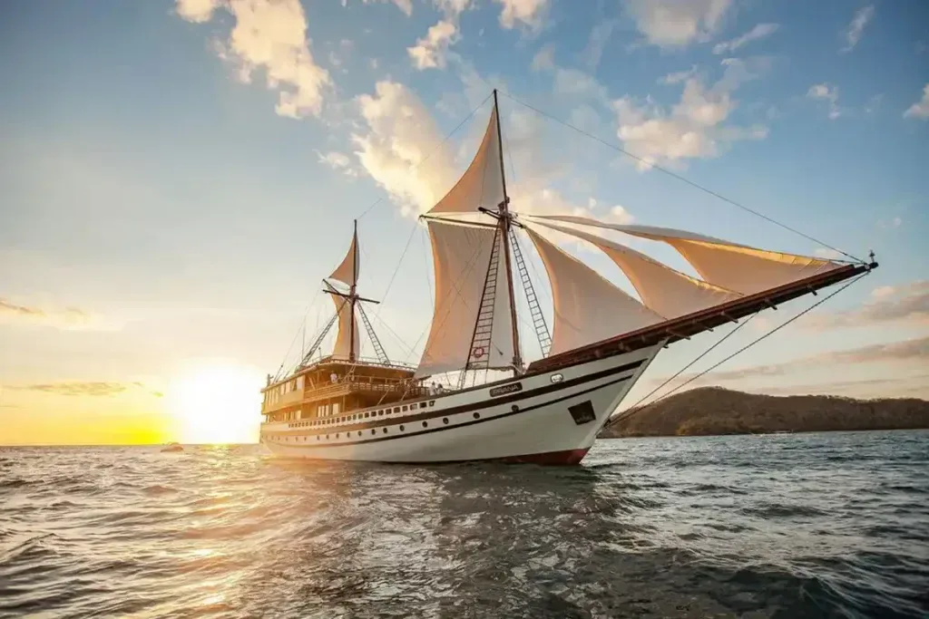 A phinisi under sail in golden light