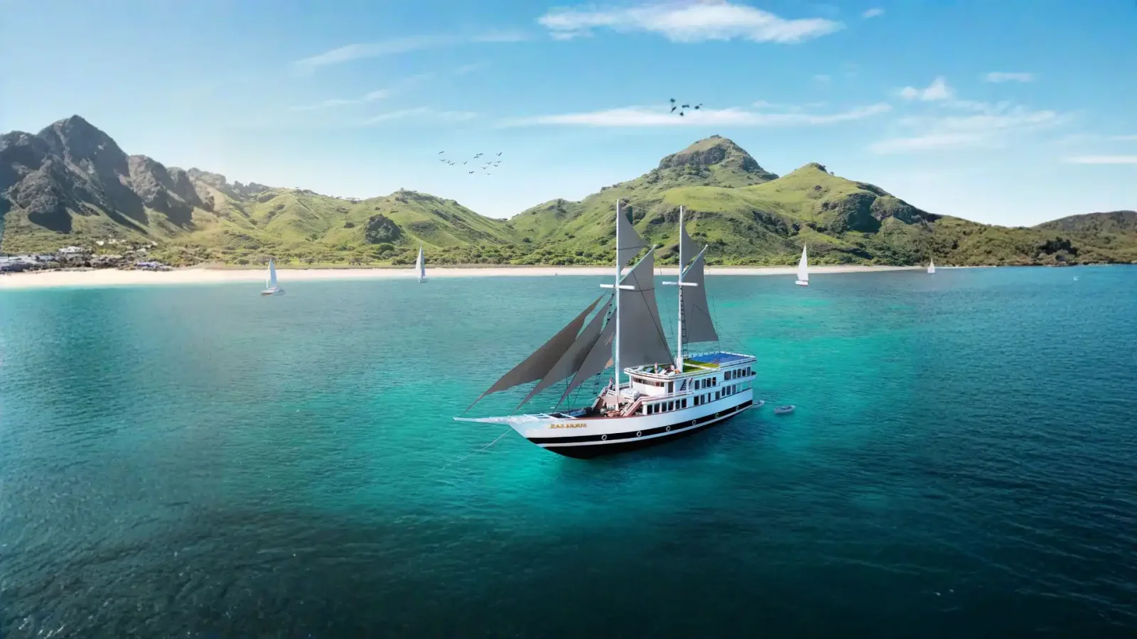A phinisi sailing past a Komodo island