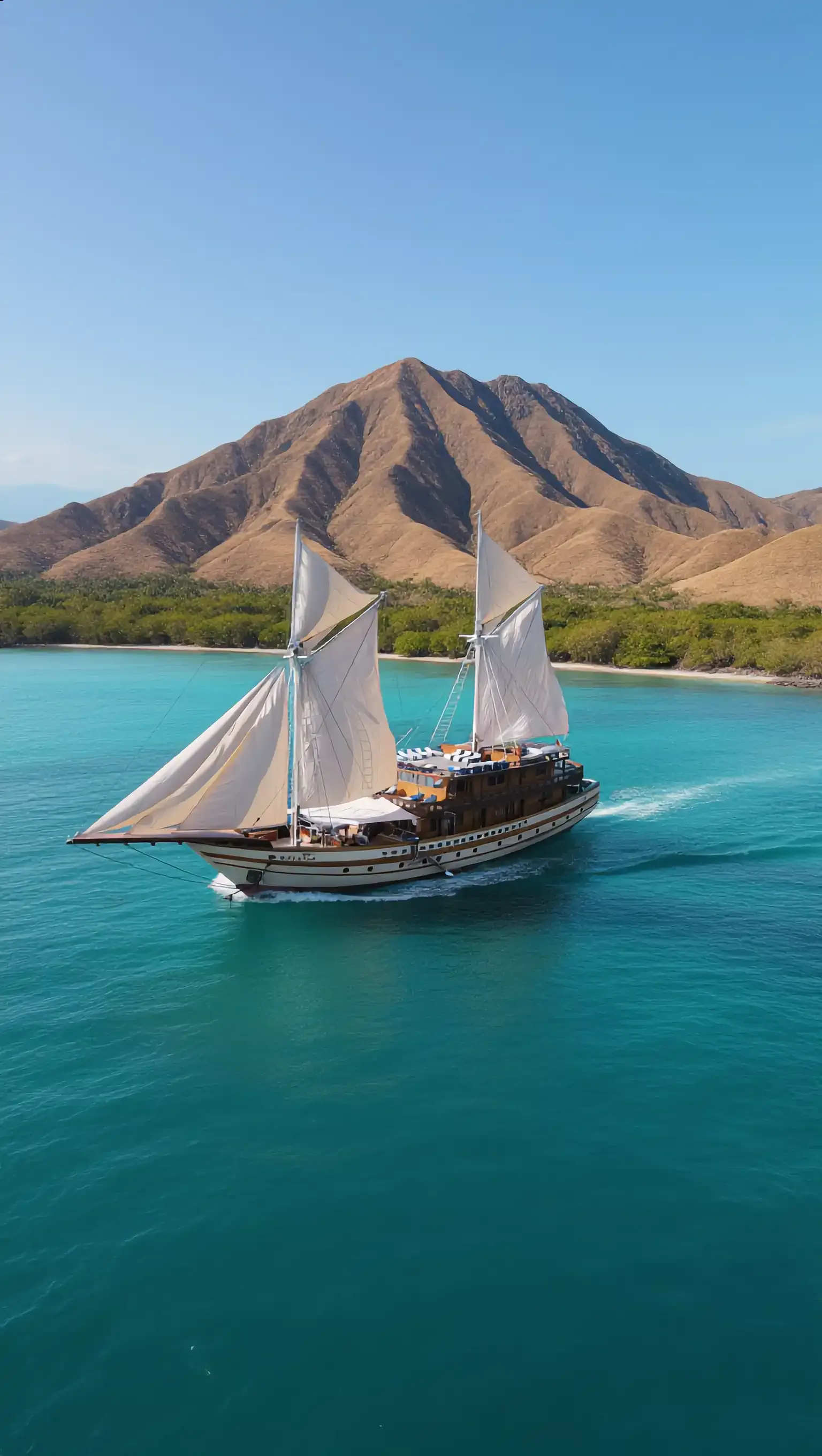 A phinisi under sail in Komodo National Park