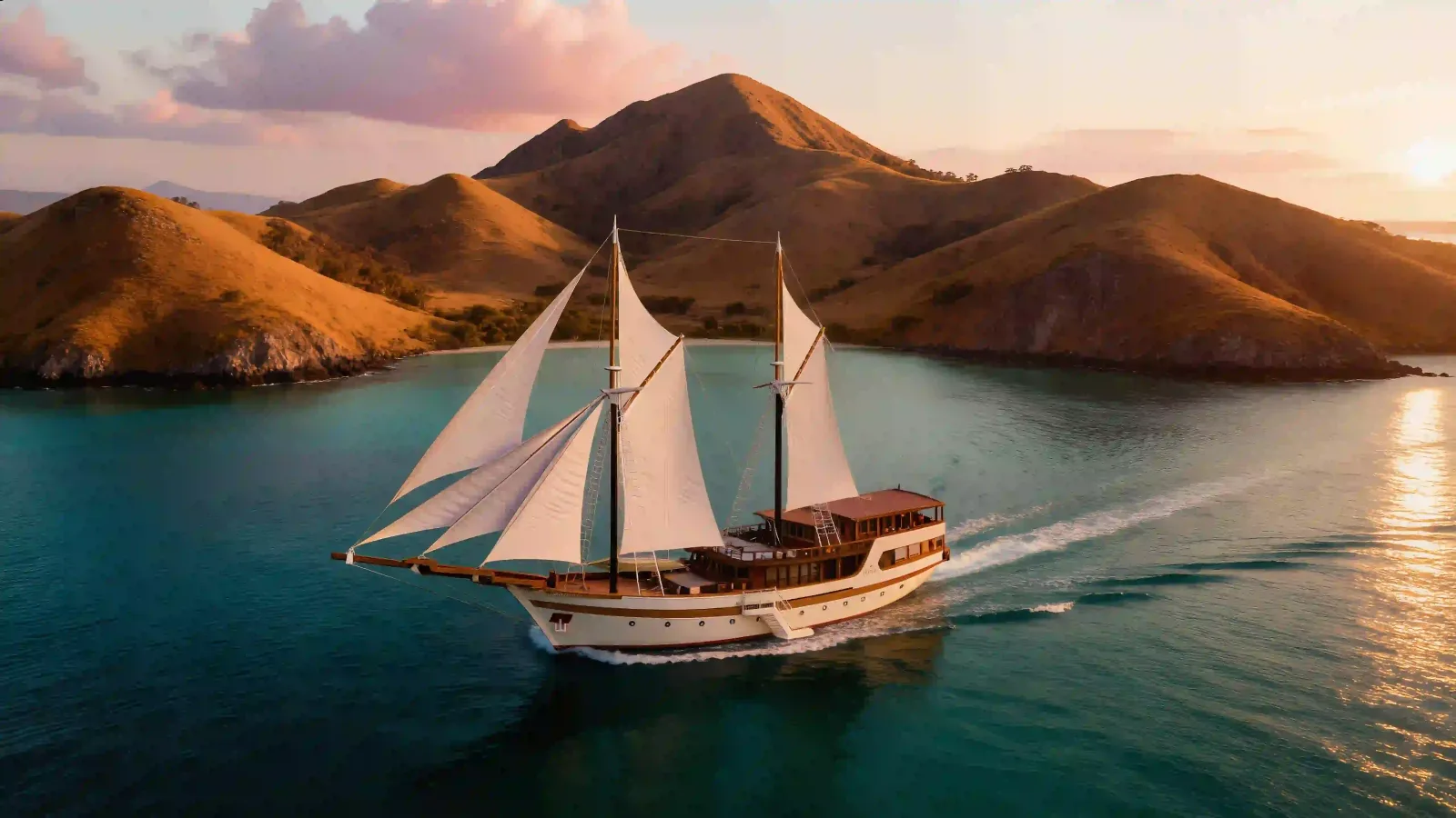 A phinisi sailing below the Komodo hills