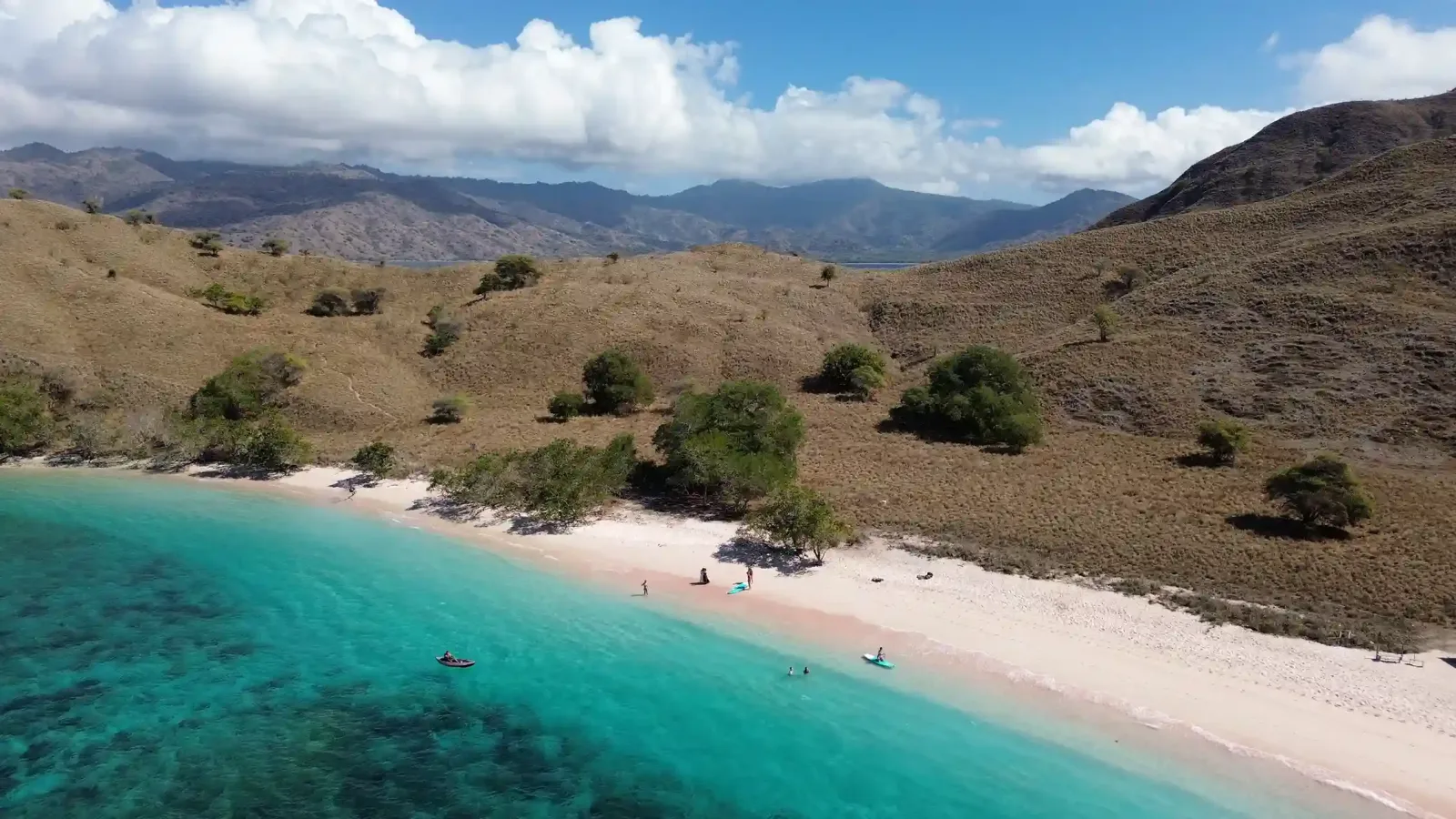 Pink Beach and its fringing reef from the air