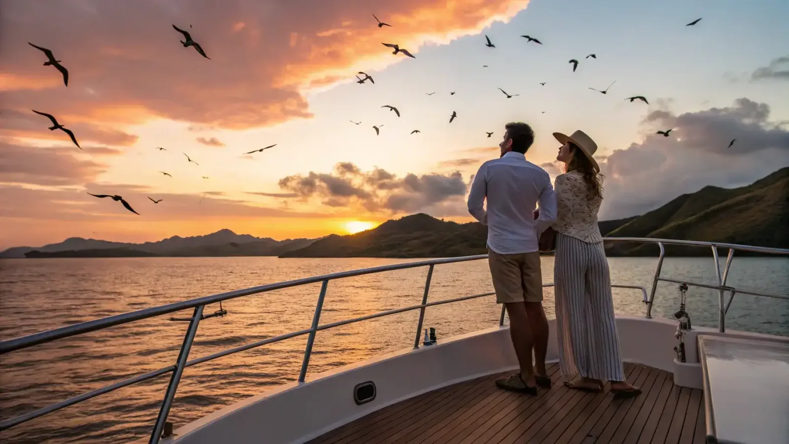 A couple on the foredeck at sunset